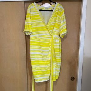 Bright yellow & white striped wrapped dress